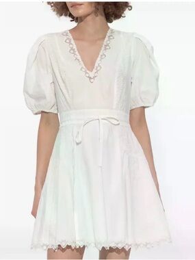 Ulla Johnson White Embroidered Cotton Puff Sleeve Mini Dress Size 0